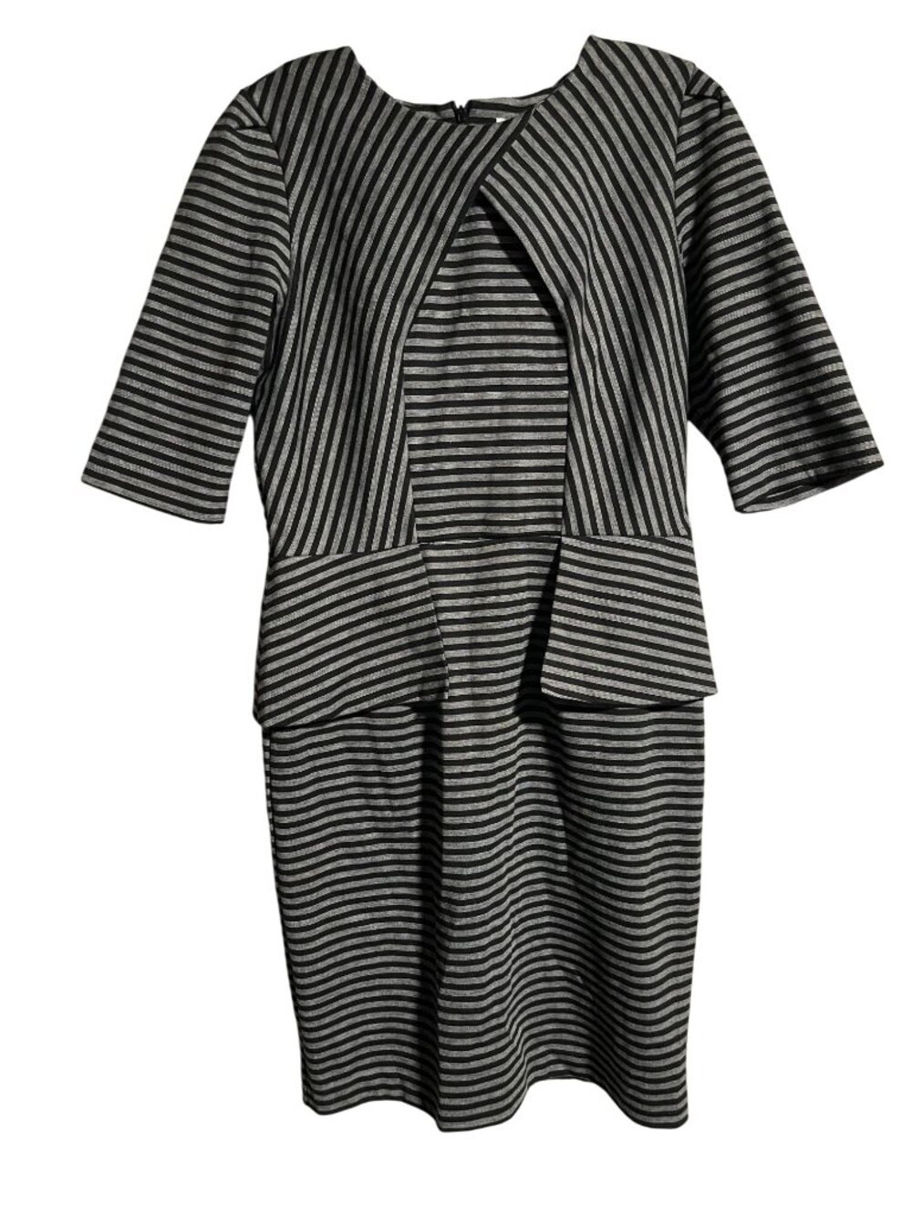 Olivia Matthews Black & Gray Striped Peplum Sheath Dress Womens M 10 Knee Length